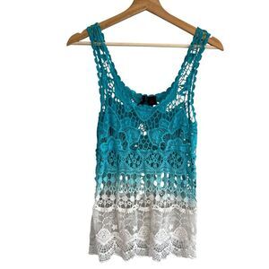 Womens Boho Open Knit Crochet Tank Top Sz L Lace Beach Resort Festival Coachella